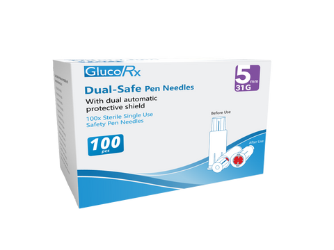 GlucoRx Dual-Safe Safety Pen Needles 5mm/31 x 8 packs (100pcs per pack)